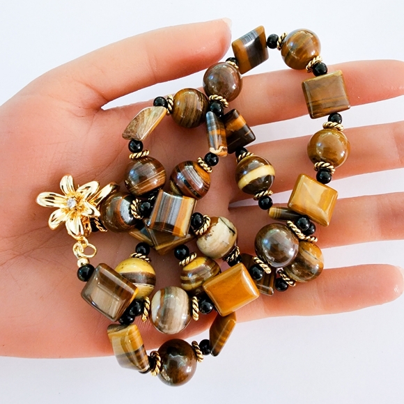 Cat's eye gemstones necklace 14k GP CZ flower clasp gold tigers eye L509 -Q5 - Picture 12 of 13